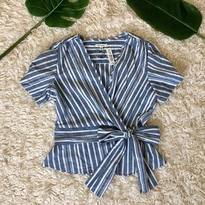 NWOT Blue/Cream Striped Wrap Top